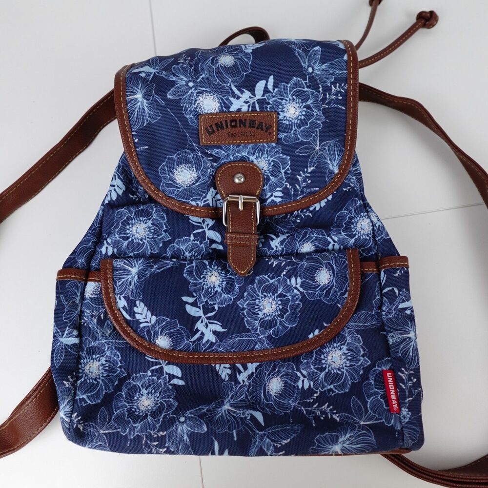 UNIONBAY Floral Mini Backpack Navy Blue Canvas Brown Faux Leather Drawstring Bag
